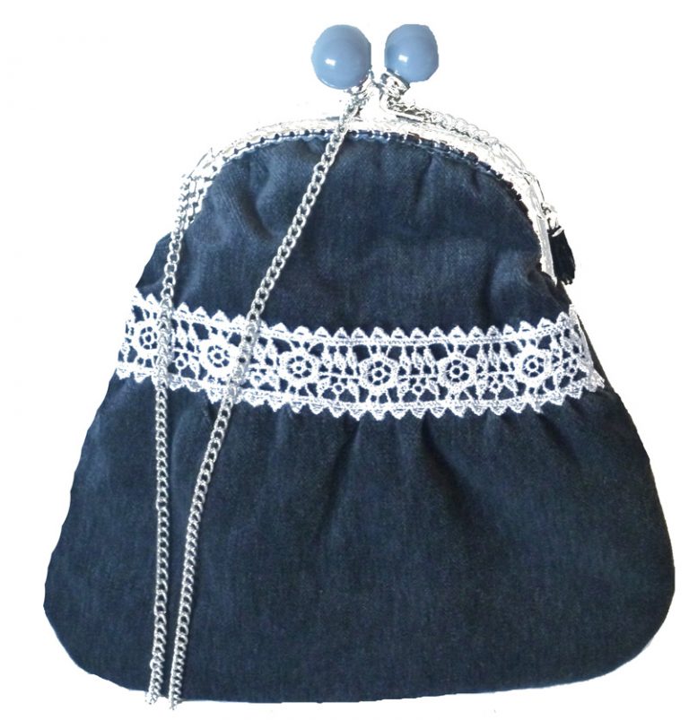 Bolso de Boquilla Seda Negra con  Pasamanería Gris