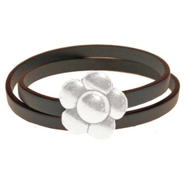 Pulsera de Cuero con Flor y Cierre de Imán. - Gris