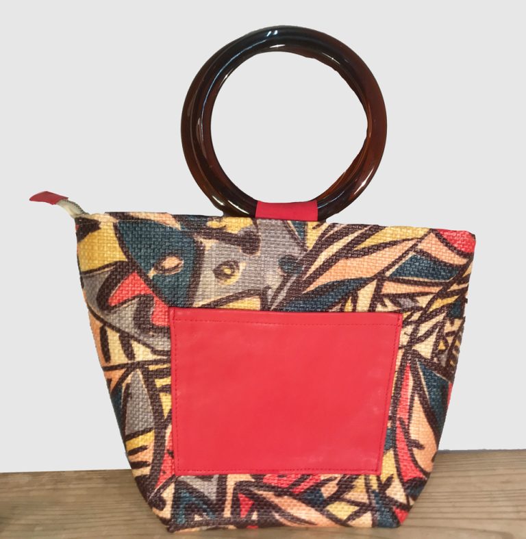Bolso Tipo Tote de Arpillera Estampada  y Piel Roja