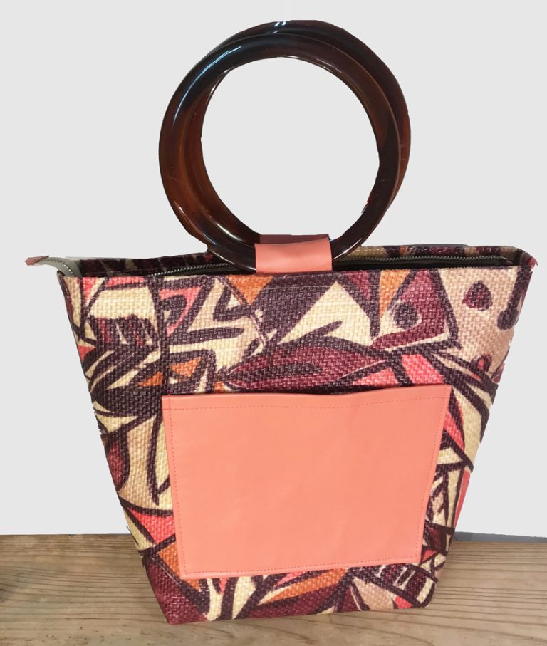 Bolso Tipo Tote de Arpillera Estampada  y Piel Rosa